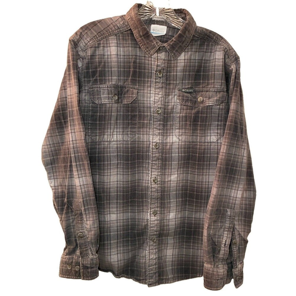 Columbia Shirt Mens Medium Gray Plaid Corduroy Flannel Flap Pockets Lumberjack